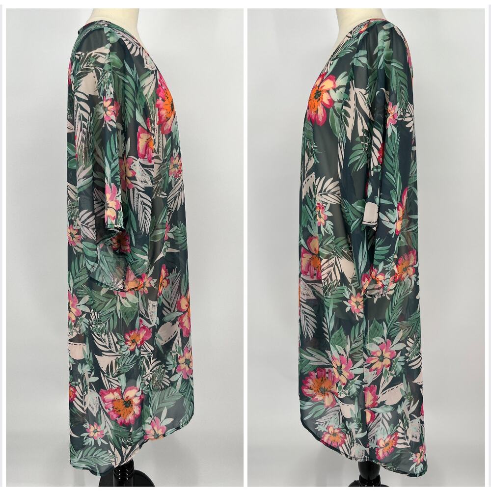 Mary and Mabel Kimono Top Cover Tropical Floral S/M Green Pink Open Sheer Long - Picture 3 of 9